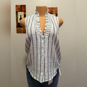 NWT ElLEN TRACY Blue and White Ruffle Blouse SIZE L